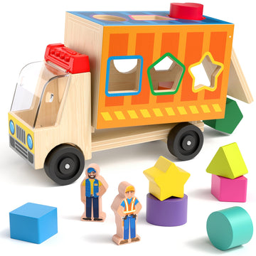 Coogam Shape Sorting Montessori Toys for Toddles, Wooden Color Shape Sorter Truck Toy with 2 Play Figures - Fine Motor Education