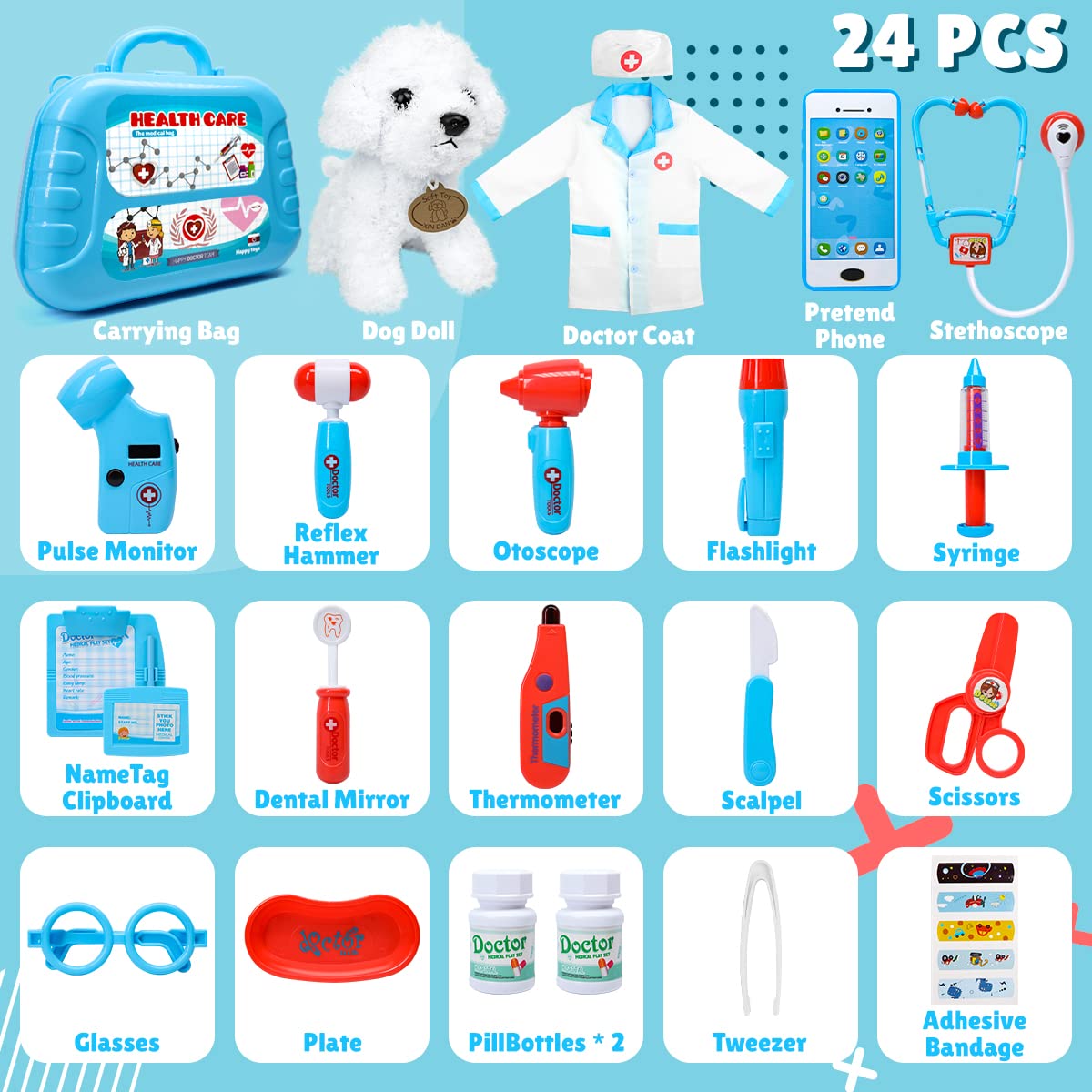 Meland Toy Doctor Kit - Pretend Play Set with Stethoscope & Costume for Kids Ages 3-6, Ideal Role Play Gift, Plastic Carrying Case