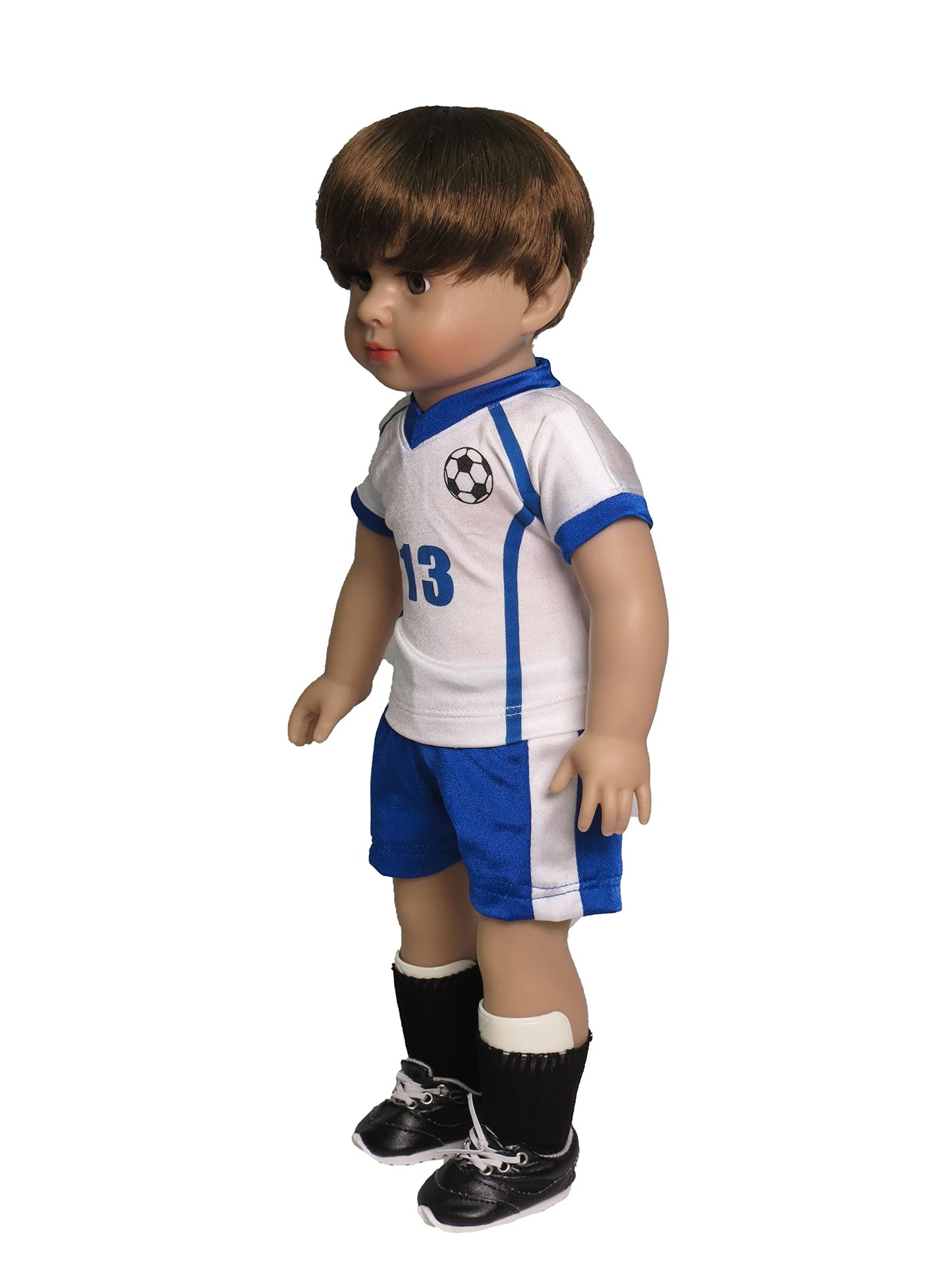 American Fashion World Blue and White Soccer Uniform for 18-Inch Dolls | Accessories Included | enhanced Quality & Trendy Design | Dolls Clothes | Outfit Fashions for Dolls for Popular Brands