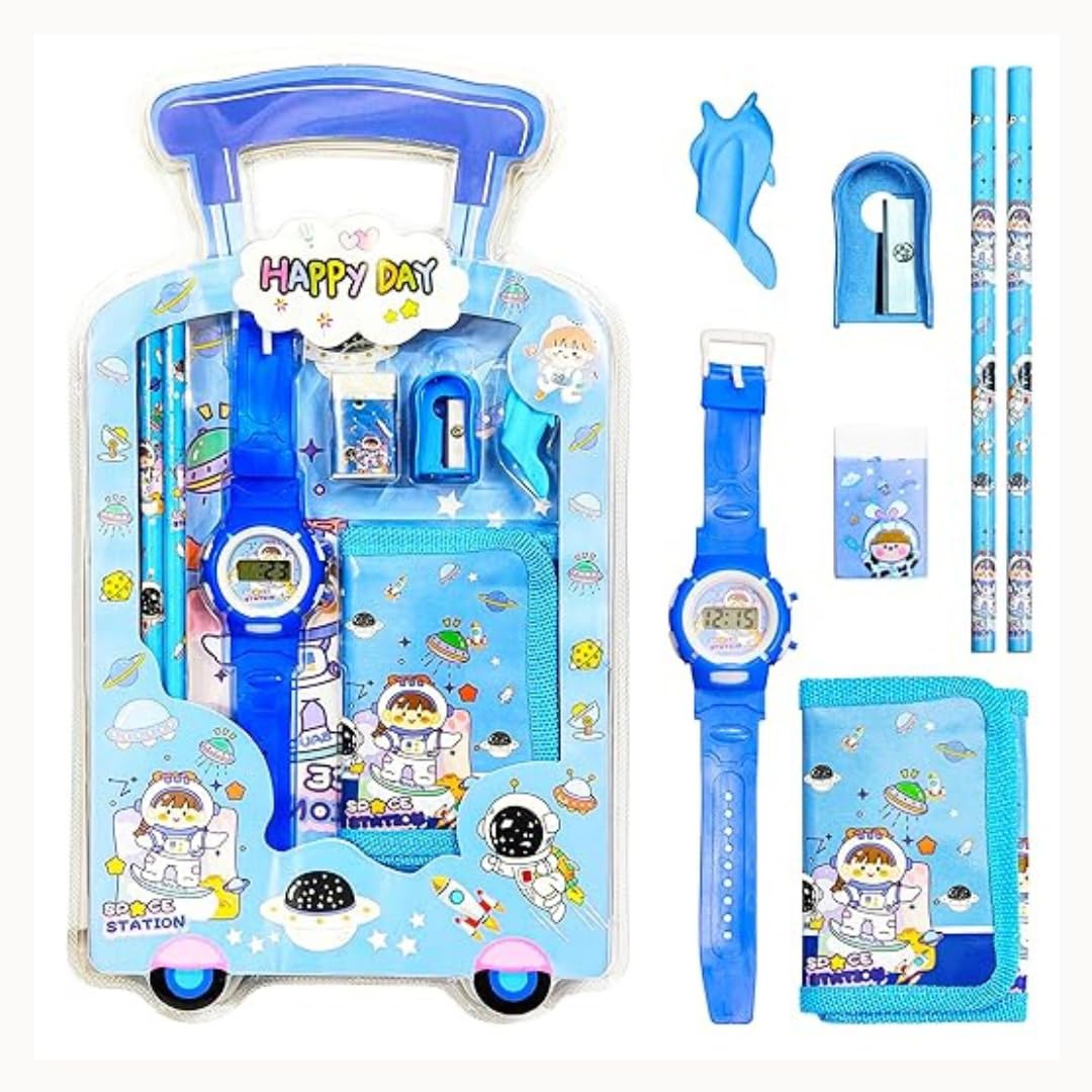 Kids Stationery Gift Set With Digital Watch, Wallet, Pencils, Eraser, Sharpener & Box | Trolley Shape Happy Day Stationery Combo