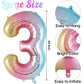 Rainbow Gradient Number 3 Balloon, 40 Inch Big Large Foil Number Balloons, Jumbo Mylar Number 3 Balloons For 3 Third Birthday Pa