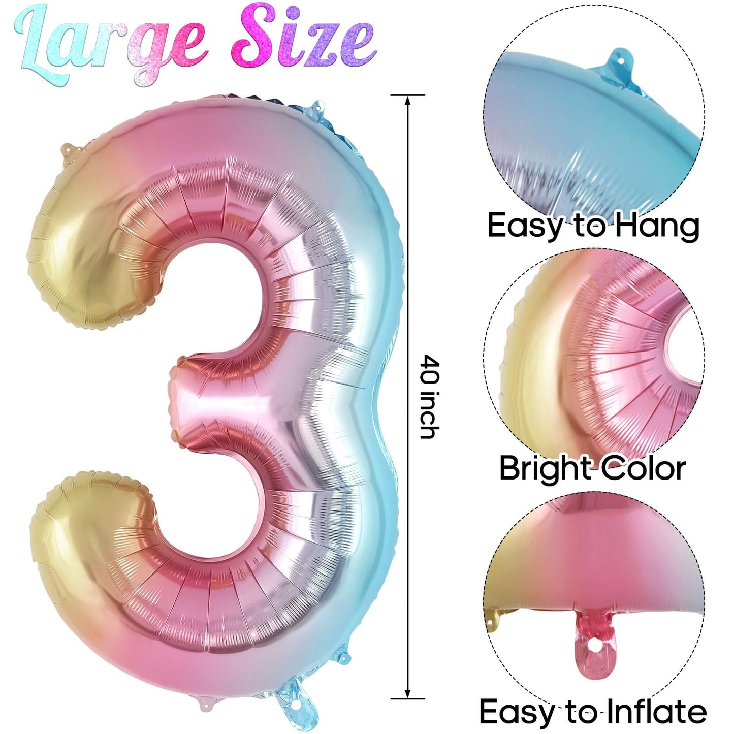 Rainbow Gradient Number 3 Balloon, 40 Inch Big Large Foil Number Balloons, Jumbo Mylar Number 3 Balloons For 3 Third Birthday Pa