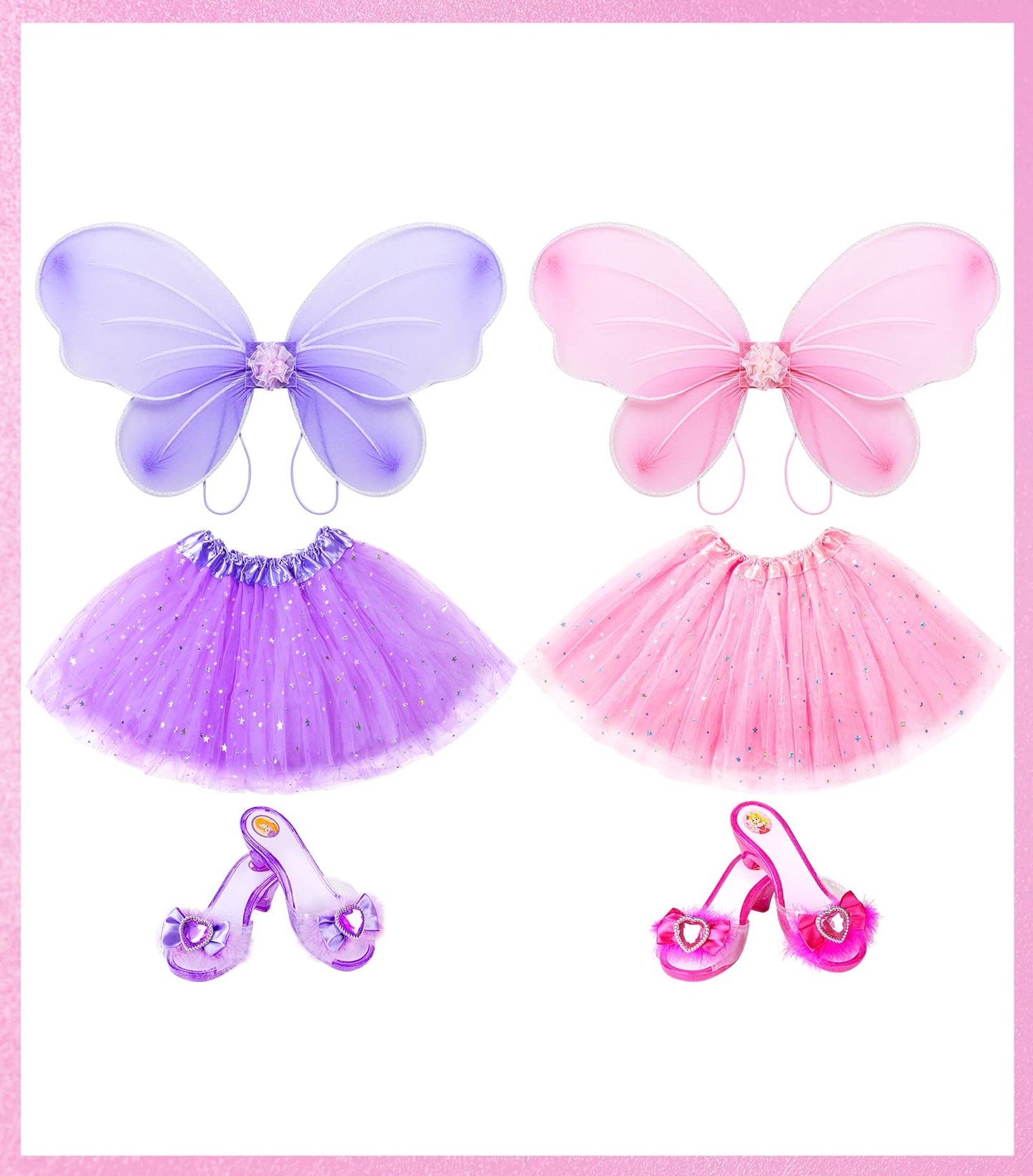 Princess Dresses For Girls Fairy Wings, Bibuty Dress Up Clothes Pretend Play Costumes Trunk With 3 Sets Of Princess Dress Up Shoes, Glitter Girls Tutu Skirts And Butterfly Wings, Toys For 3-6 Yr Girls
