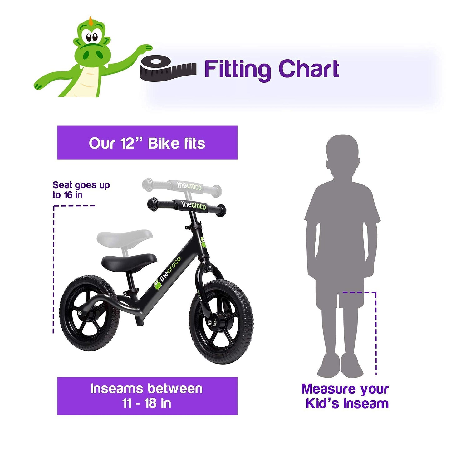 The Original Croco Ultra Lightweight And Sturdy Balance Bike.2 Models For 2, 3, 4 And 5 Year Old Kids. Unbeatable Features. Toddler Training Bike, No Pedal (Black, Ultralight 12 Inch)