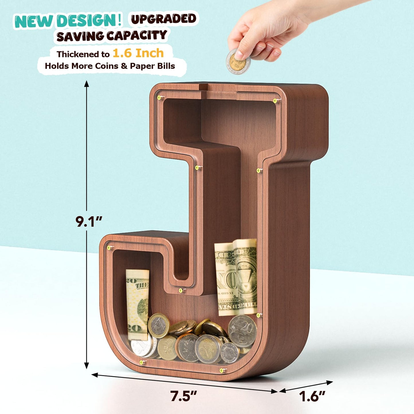 Summidate Wooden Letter Piggy Bank  Extra Thick Large Capacity Piggy Bank for Kids Boys Girls Toddler  Alphabet J Money Bank| Coin Box Birthday  Christmas  Festival