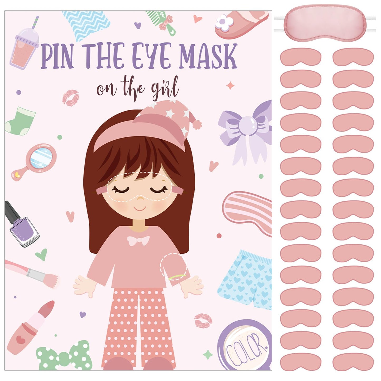 Mooliwe 26 Pcs Sleepover Slumber Party Games Pin the Blindfold on the Girl Pajamas Poster Stickers Games Decor for Sleepover Slu