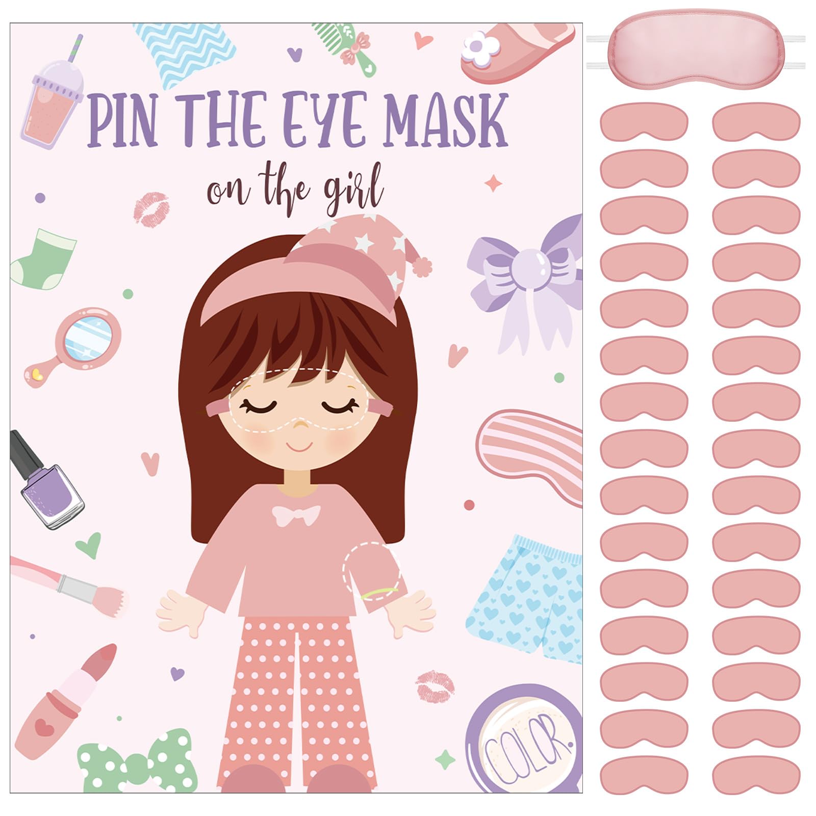 Mooliwe 26 Pcs Sleepover Slumber Party Games Pin the Blindfold on the Girl Pajamas Poster Stickers Games Decor for Sleepover Slu