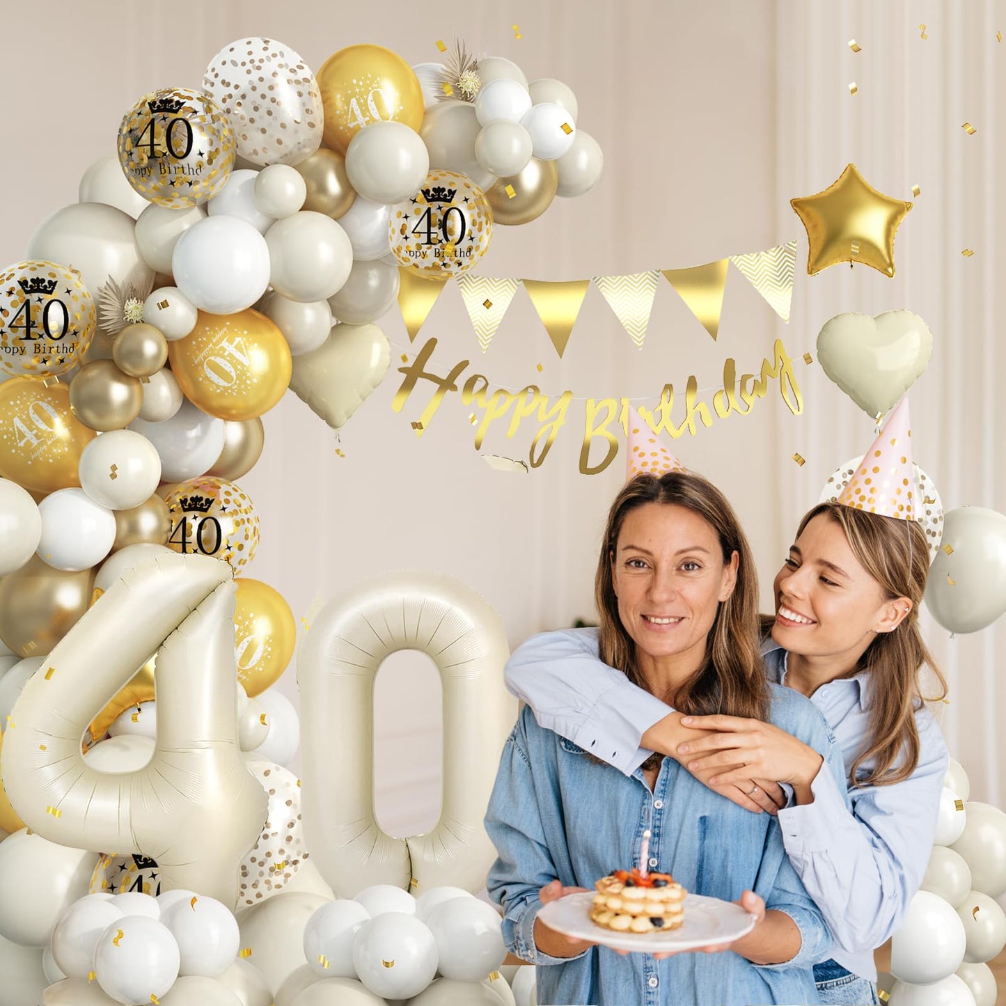 40Th Birthday Decorations Sand White Gold,40Th Birthday Balloon Arch Garland Kit With Happy 40Th Birthday Number 40 Foil Balloon