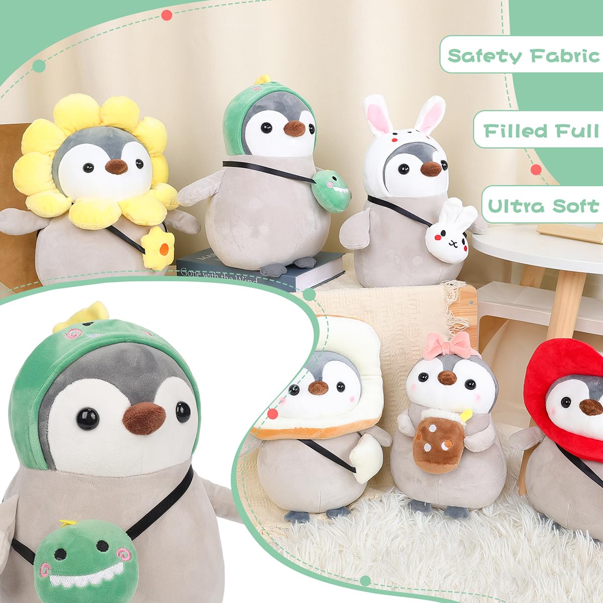 Meleceri Cute Penguin Plush Stuffed Animal Penguin With Funny Dinosaur Outfit Gifts, 13.7 Inches