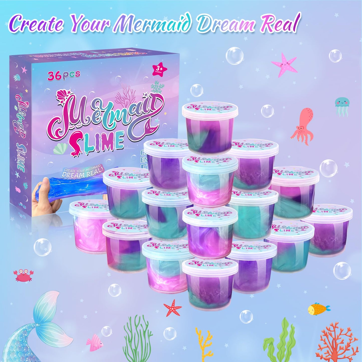 36 Pack Mermaid Slime Kit Party Favors For Kids Slime Cup Bulk Stretchy & Non-Sticky Diy Stress Relief Putty Toy Christmas Holid