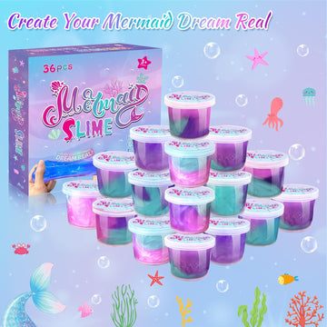 36 Pack Mermaid Slime Kit Party Favors For Kids Slime Cup Bulk Stretchy & Non-Sticky Diy Stress Relief Putty Toy Christmas Holid