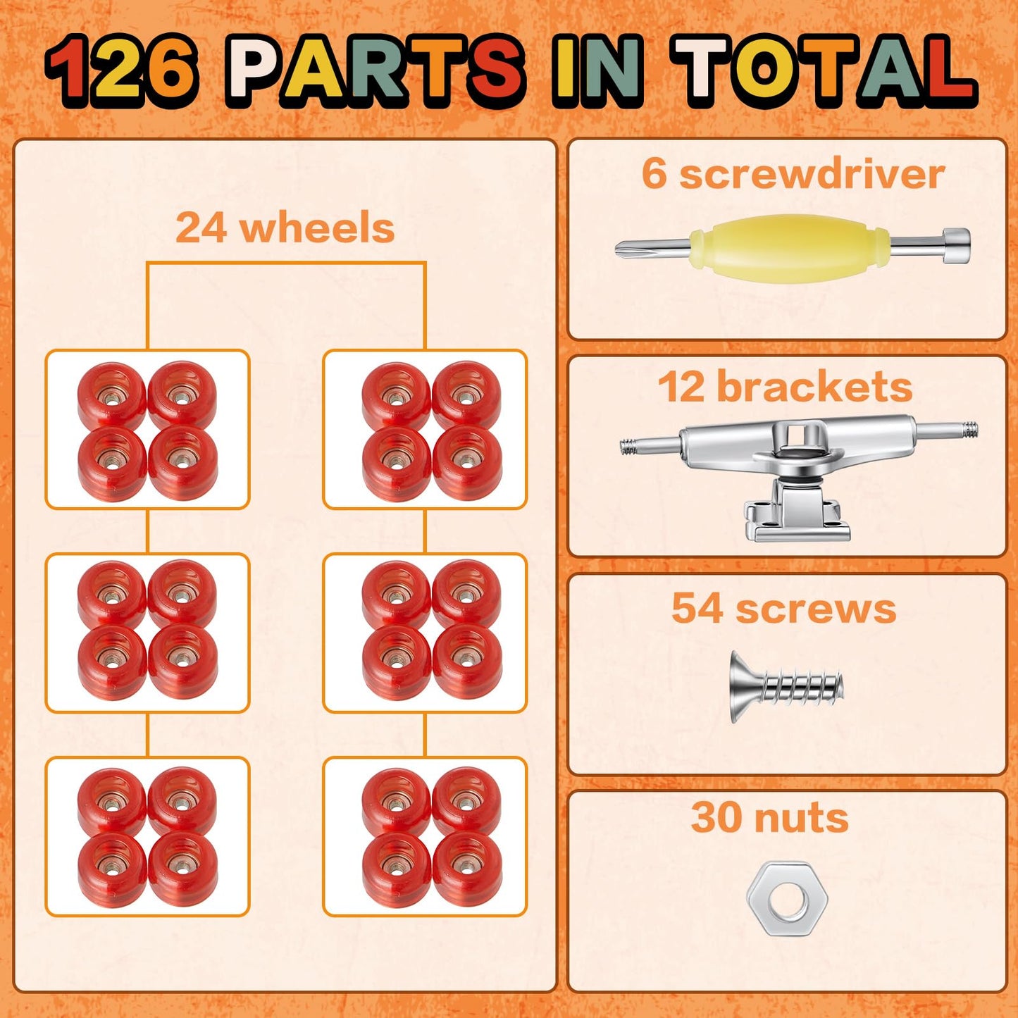 Jexine 6 Sets Diy Fingerboard Kit Fingerboard Accessories Mini Finger Skateboard Parts Include 12 Brackets 54 Screws 30 Nuts 6 Screwdriver 24 Board Wheels Tool For 96Mm(Red)