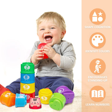 Moontoy Stacking Cups Baby Toys 6 10 12 18 Months, Montessori Toys For 1 Year Old Toddler Learning Toys With Numbers Shapes Patterns, Baby Bath Toys 6-12 Months, Gifts For 1 2 3 Year Old Boys Girls