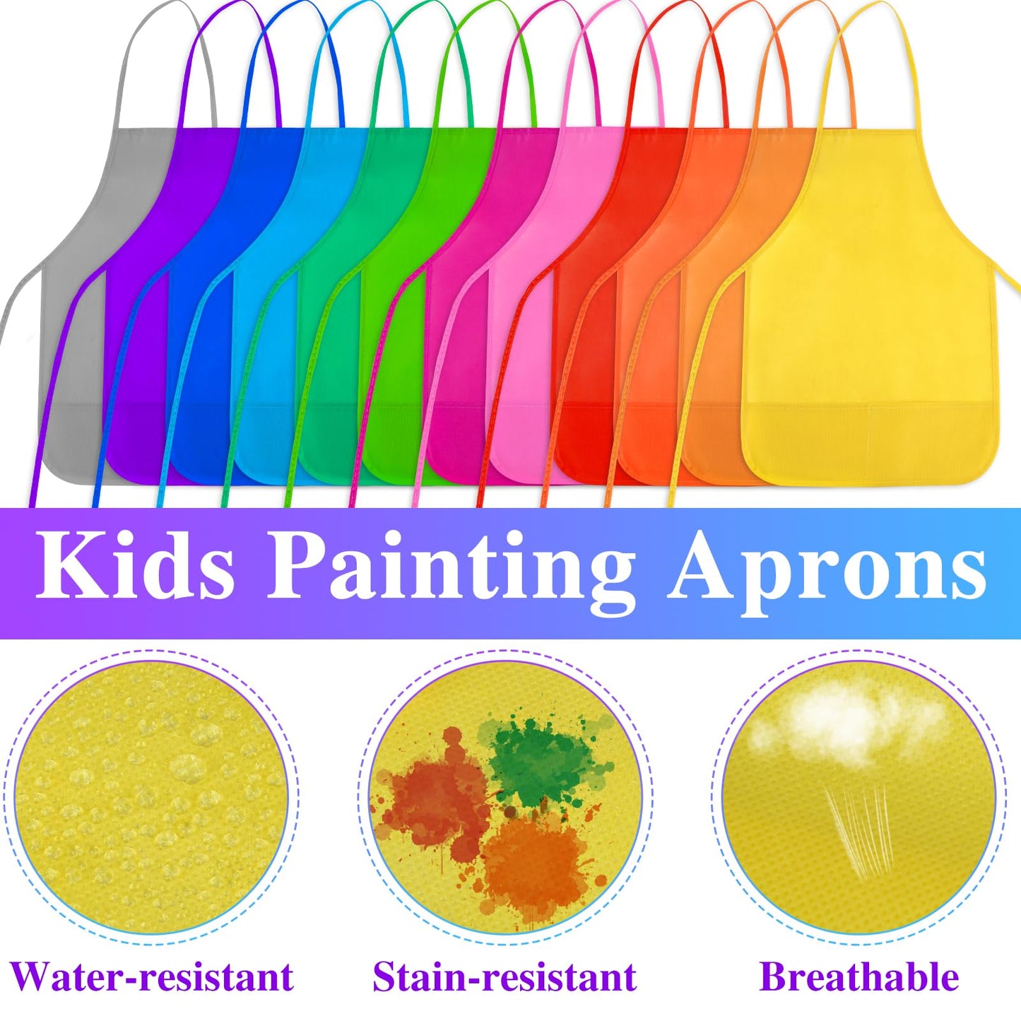 BOUBONI Kids Painting Aprons 24 Pieces 12 Colors Kids Art Aprons with 2 Roomy Pockets Kids Aprons for Art Painting Activity Kitc