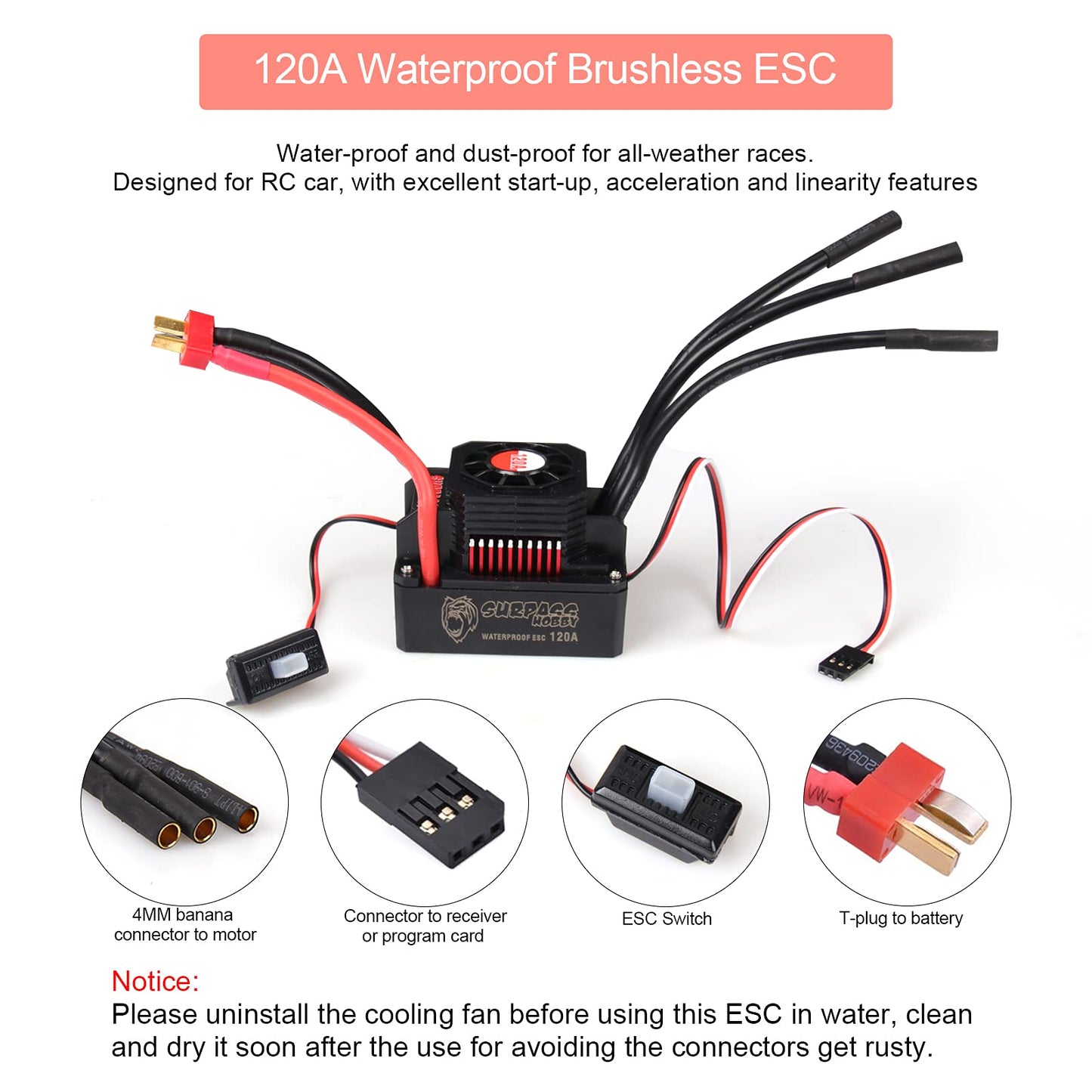 Rc Car 1:10 Scale 3650 5200Kv Brushless Motor & 120A Esc & Programming Card Pi65 Waterproof Motor & Electronic Speed Controller