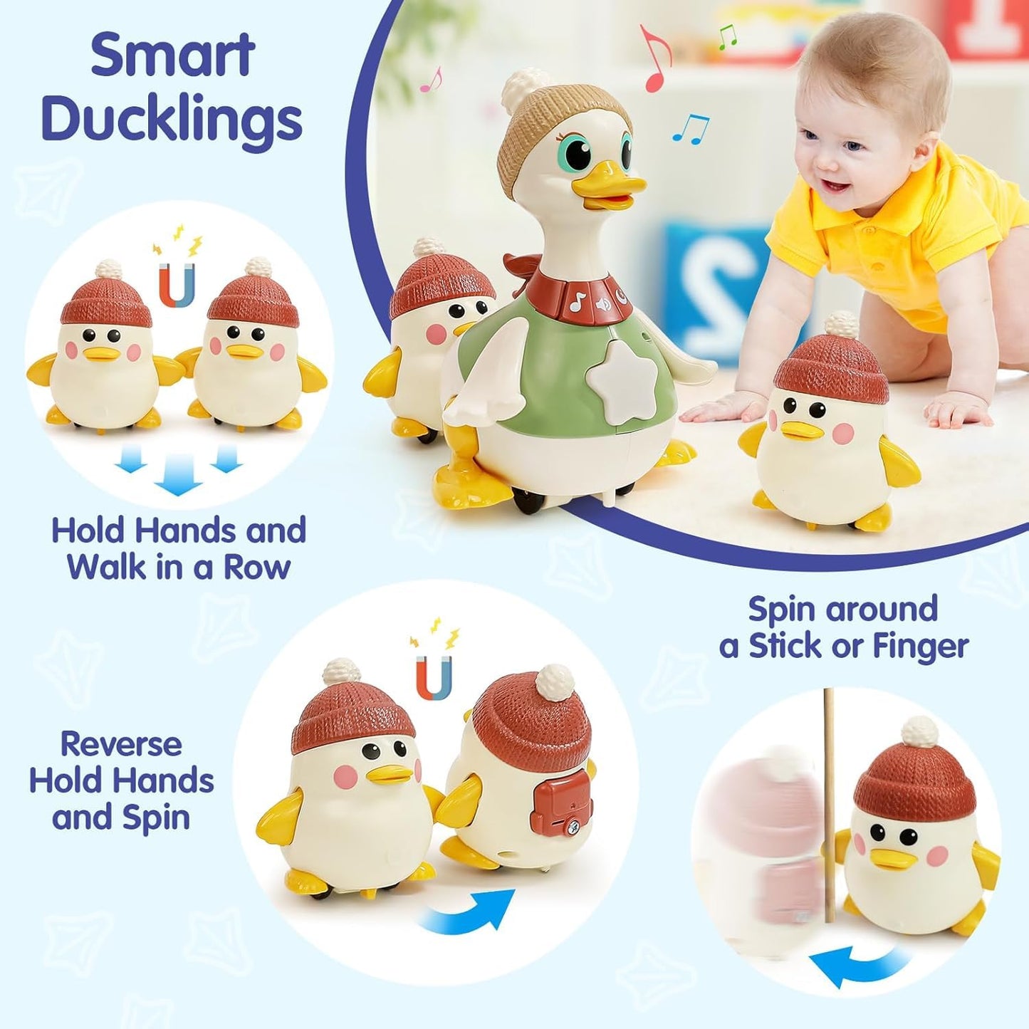 Hola Baby Toys 6-12 Months Musical Dancing Duck Toy Set With Mama And Babys Tummy Time Toys, Crawling And Interaction Modes 1 Ye