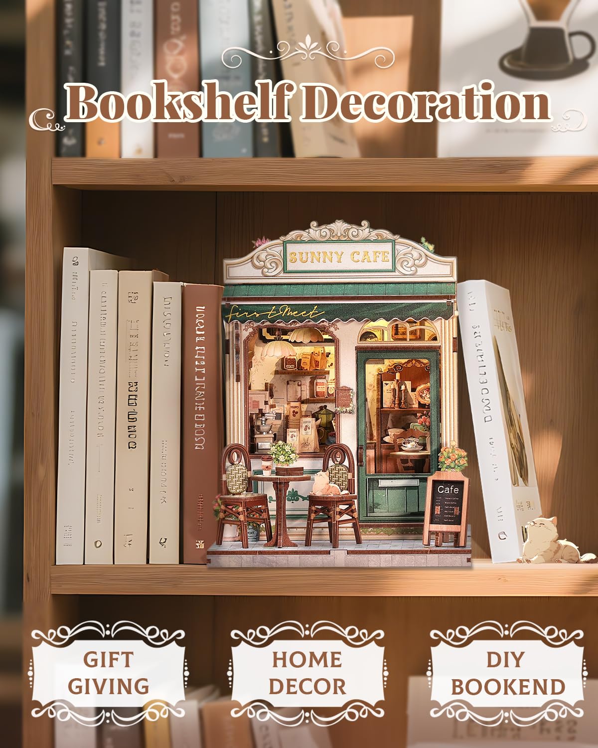 CUTEBEE Book Nook Kit - DIY Miniature House Dollhouse Kit for mature-themed and Teens  Booknook Bookshelf Decor Alley Model Build with LED Light  Gifts for Family and Friends (Sunny Cafe)