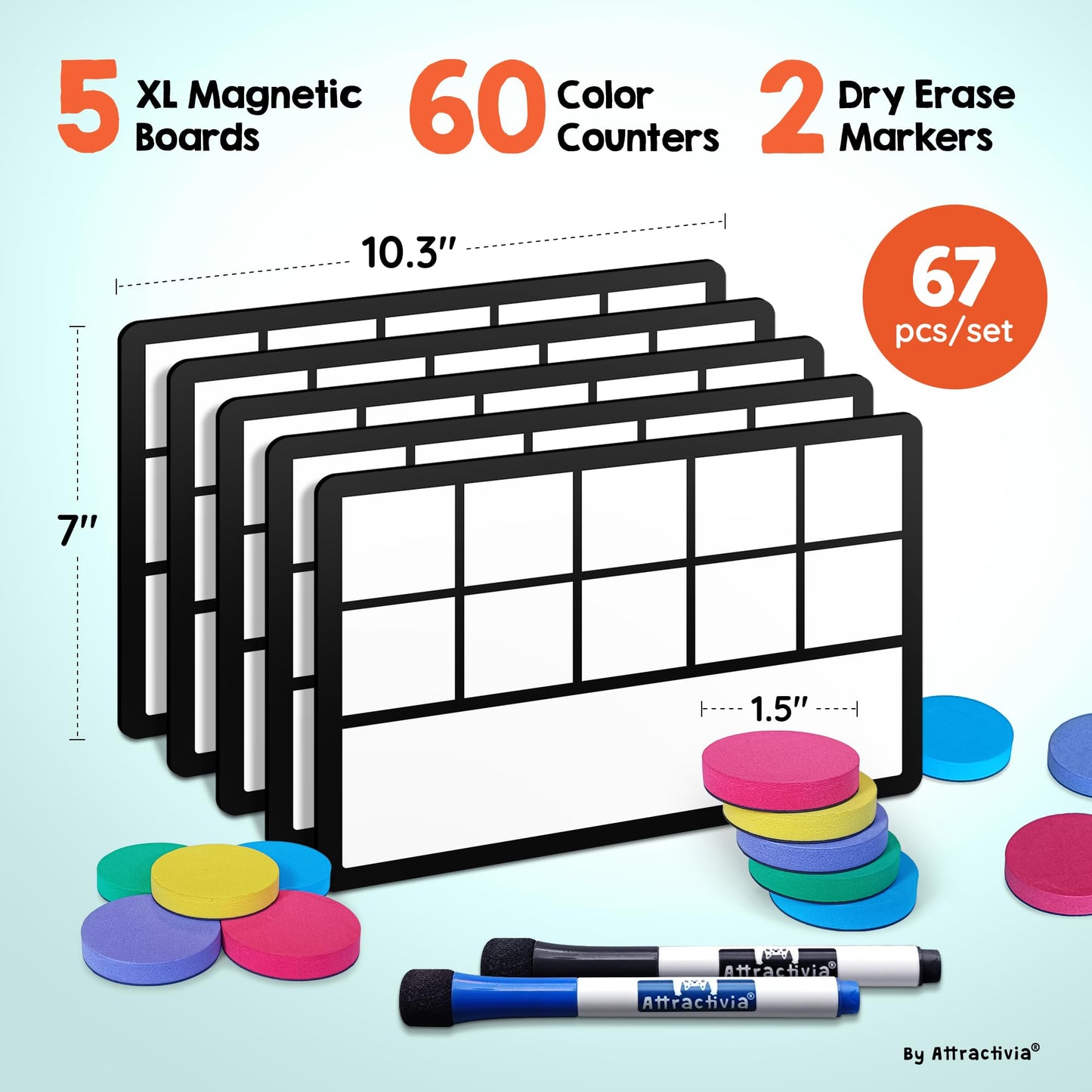 Attractivia 67 Pcs Giant Magnetic Ten Frames Set With Magnetic Counters - Math Manipulatives For Kindergarten, Preschool And 1St