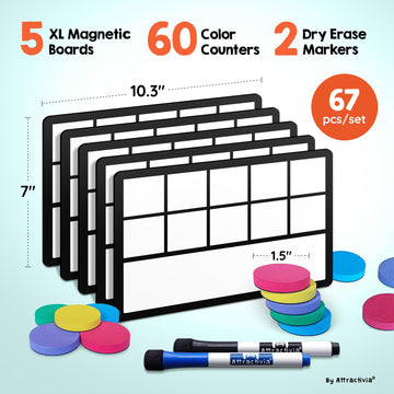 Attractivia 67 Pcs Giant Magnetic Ten Frames Set With Magnetic Counters - Math Manipulatives For Kindergarten, Preschool And 1St
