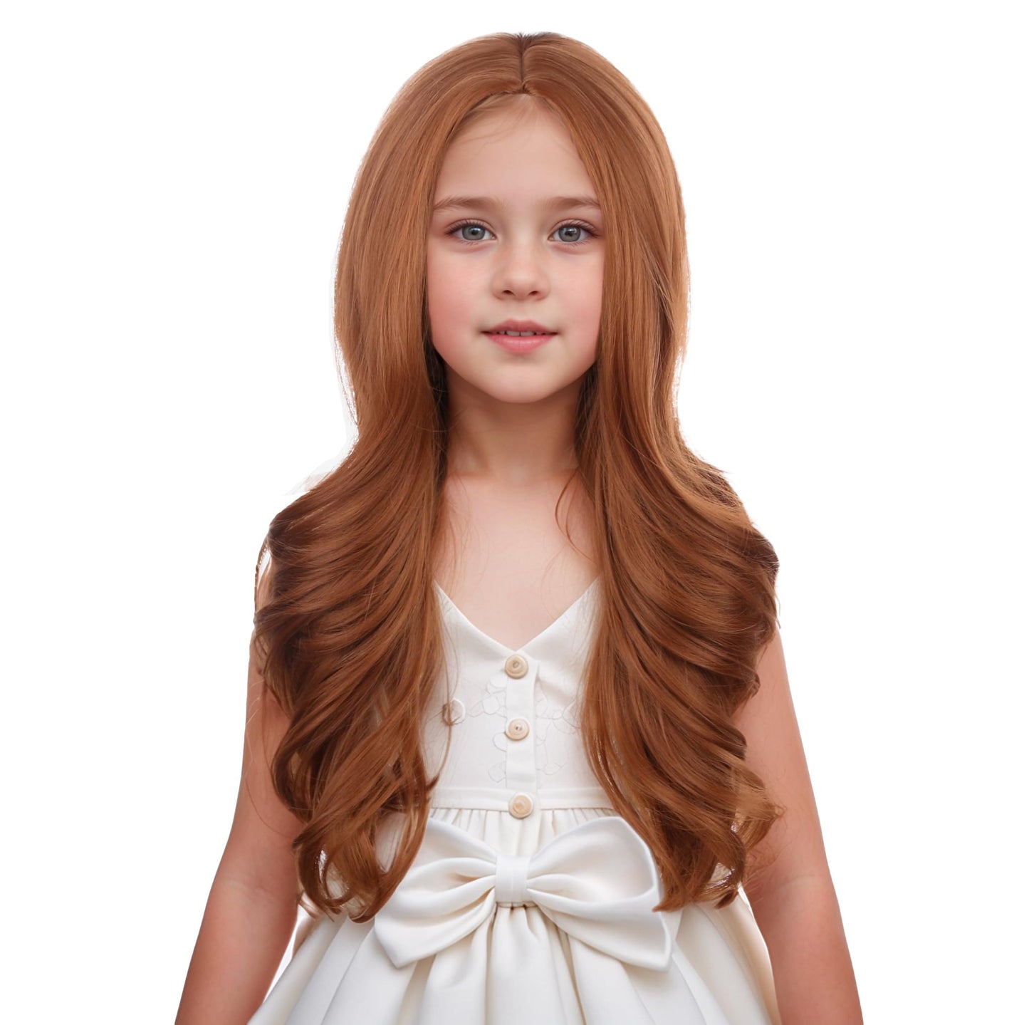 Duduwig Dark Orange Wig Kids Girls Long Orange Middle Part Wigs Children Ginger Wavy Curly Wig Synthetic Hair Wigs Hair Net Incl