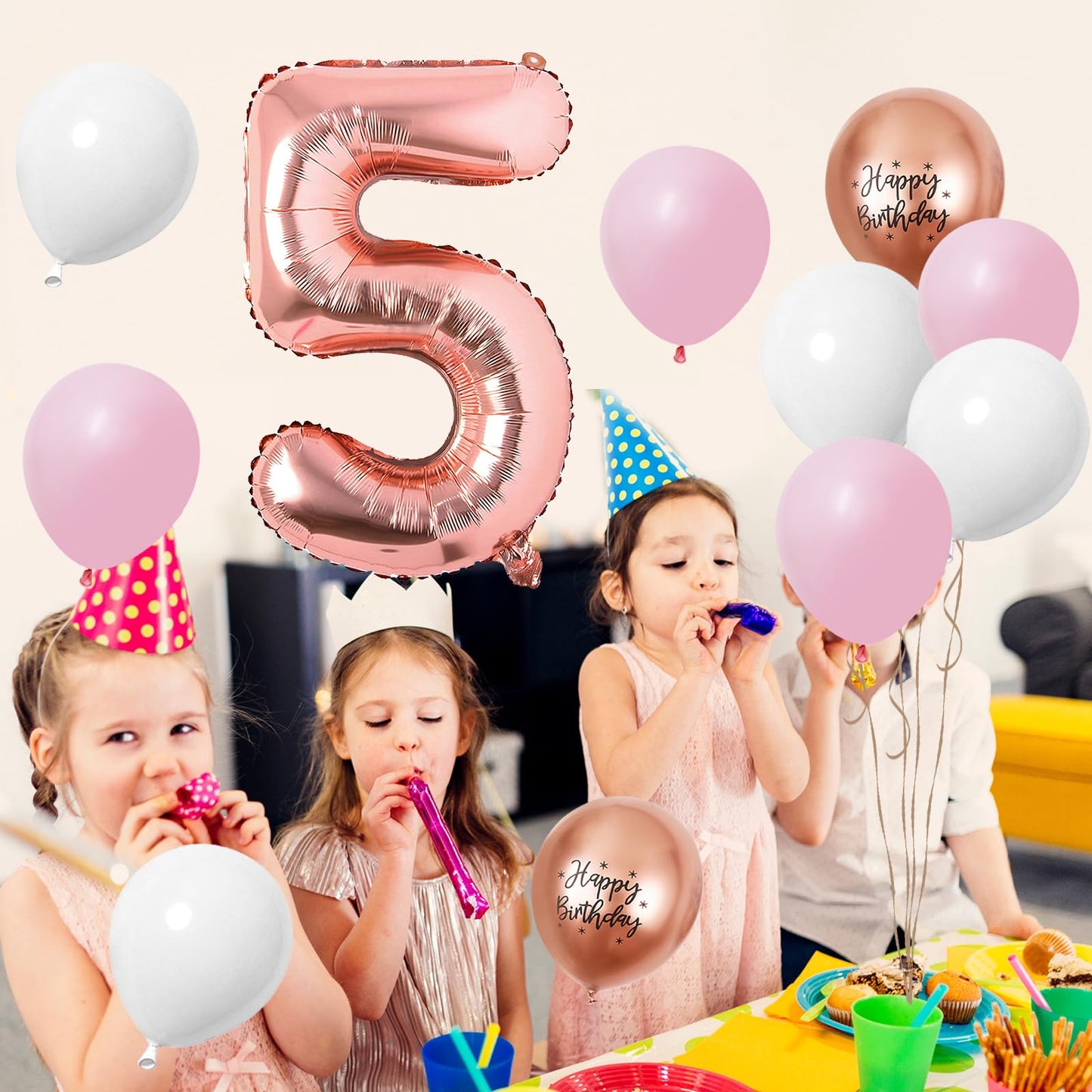 40 Inch Rose Gold Number 5 Balloon, 5Th Birthday Balloons, 11Pcs Rose Gold Birthday Print Balloons Matt White Pink Latex Balloon