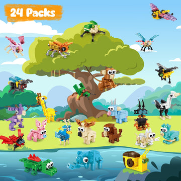Moontoy Party Favors For Kids, 24 Pack Animals Building Blocks Toy For Goodie Bag Stuffers Valentines Day Gift Mini Building Set Party Favors For Birthday Gift For Boys Girls Ages 6-12+