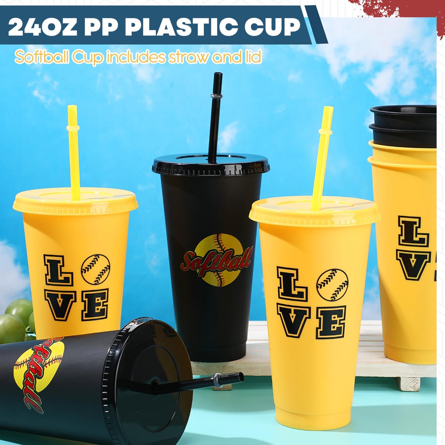 Yungyan 48 Pcs Softball Party Favors Set Softball Goodie Bags 24oz Softball Cups with Lids Sport Drawstring Bags Softball Hair T