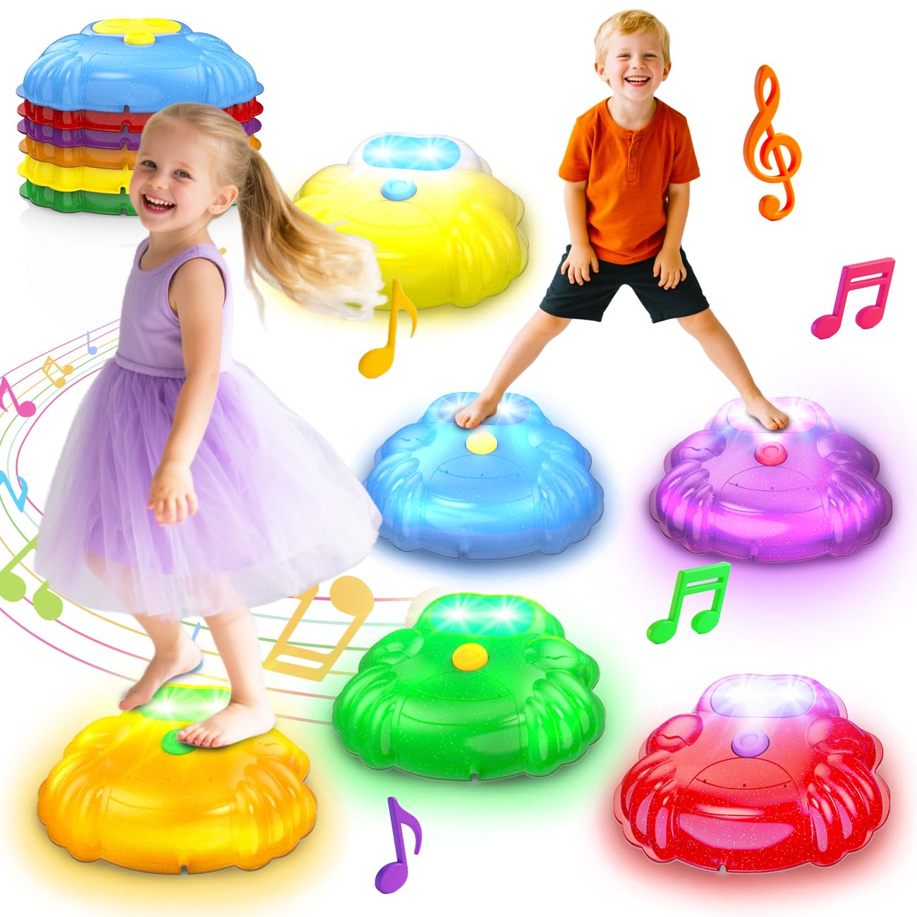 TERRAMUS Light up & Sound Stepping Stones for Kids  6PCS Crab Balance River Stones  Obstacle Course Indoor & Outdoor  Toddlers Sensory Toy  Play Equipment Improve Coordination  Gifts for Boys Girls 3+