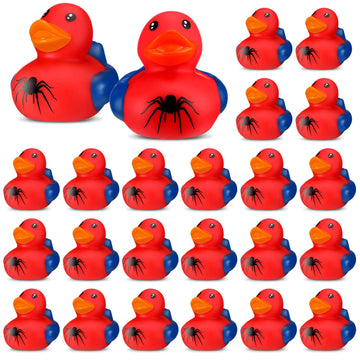 Leyndo 24 Pcs Christmas Spider Rubber Duck Bulk Spider Birthday Party Decoration Favors Squeaky Red Blue Duck for Bathtub Floating Pool Gifts Party Supplies