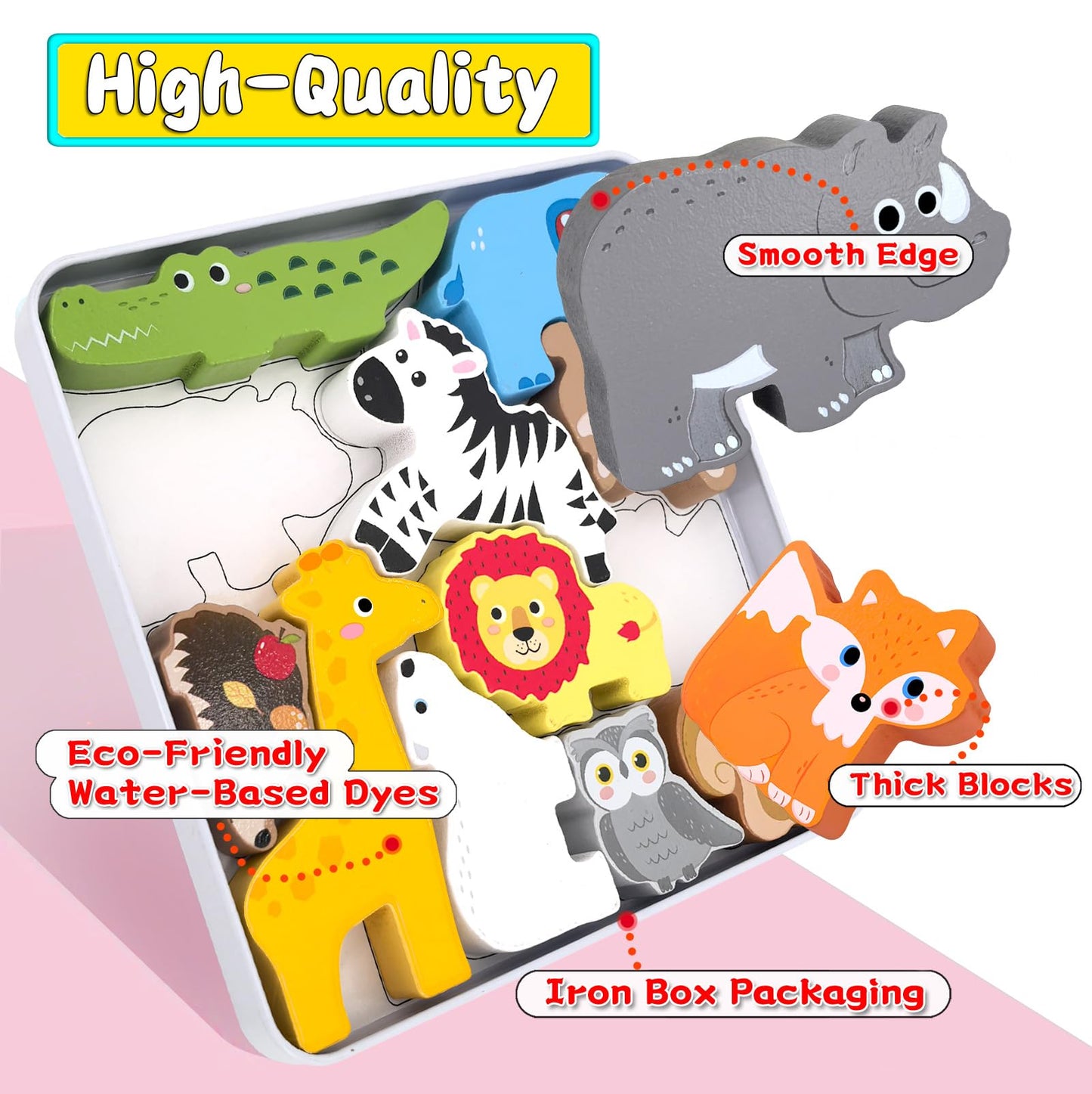 Wooden Animal Puzzles Toys For Toddlers,12Pc Safari Animal Figures,Animal Matching Sorting Stacking Toys For Boys Child Girls,Ed