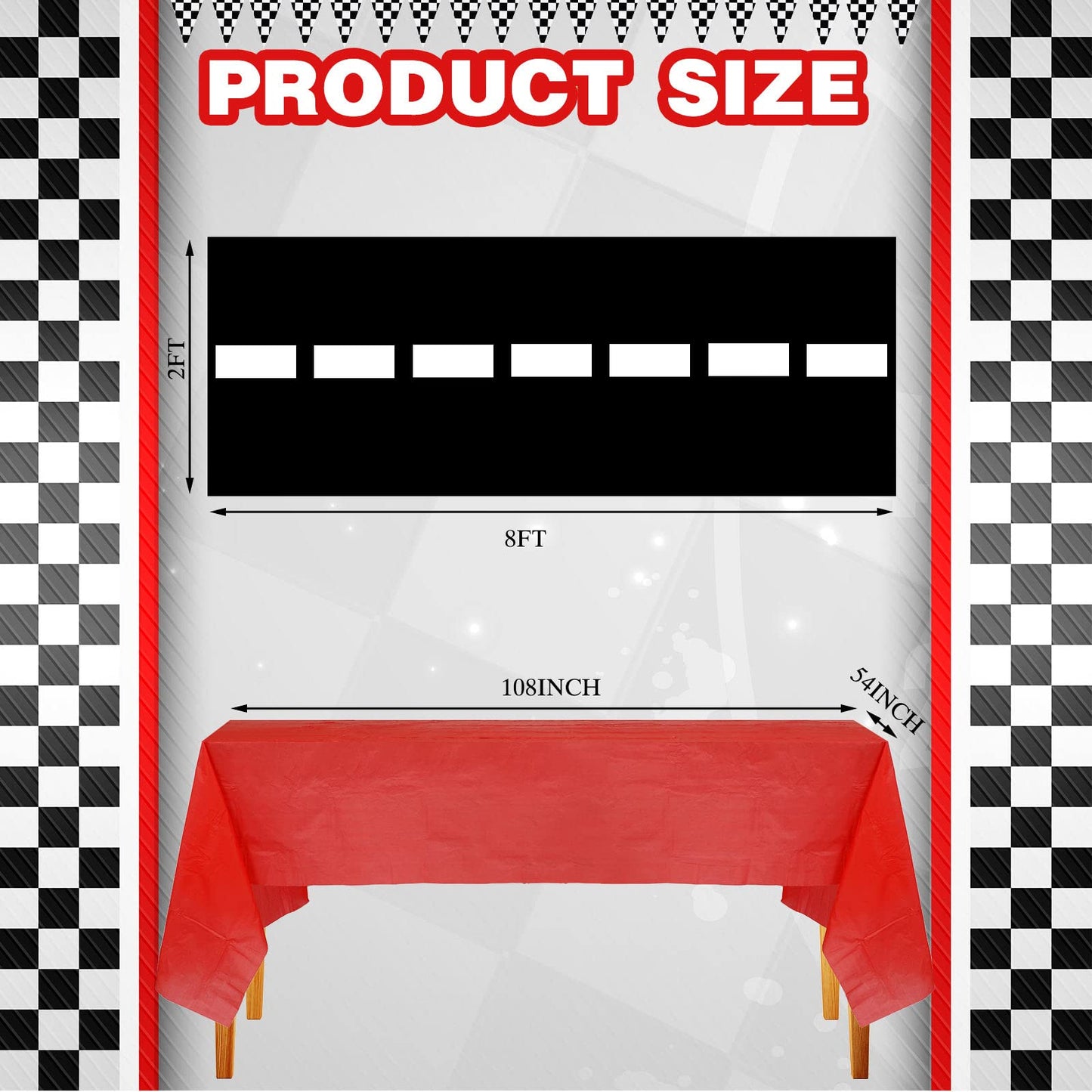30 Pcs Checkered Racing Car Party Decorations Checked Race Flag Tablecloth Mini Traffic Cones Racing Pennant Banner Race Track Running Mat Tire Tubes Swimming For Decor (Red Tablecloth)