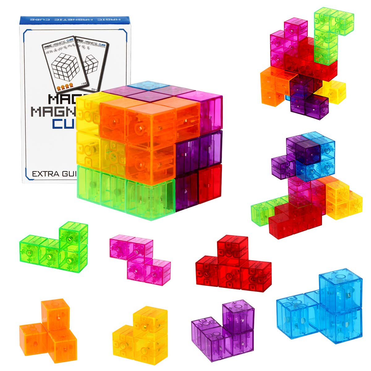 DASDAX Magnetic Building Blocks Magic Magnetic 3D Puzzle Cubes, Set of 7 Multi Shapes Magnetic Blocks with 54 Guide Cards, Intel