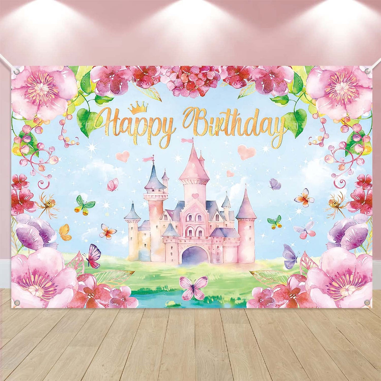 LDWLYW Princess Birthday Backdrop for Girls Pink Princess Castle Happy Birthday Banner Backdrop for Kids Royal Castle Butterfly