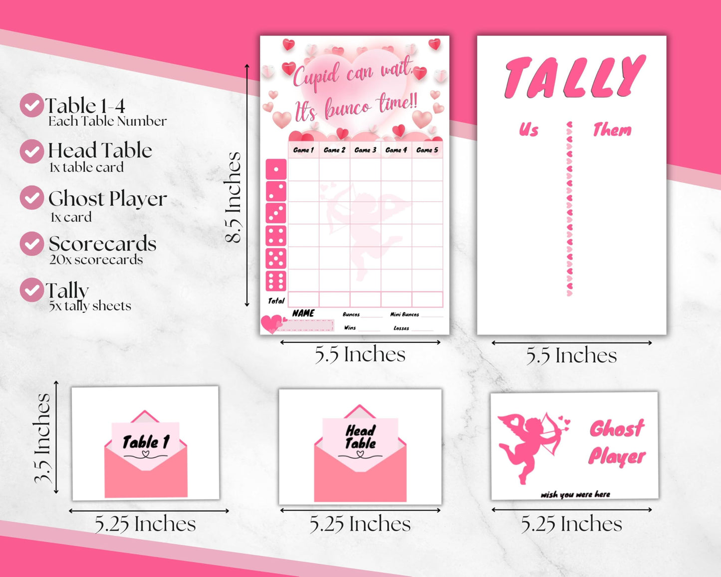 Generic Valentine's Day Bunco Kit - Cupid Score Sheets - Pink & White - Game Night Fun - Model Valentine2025