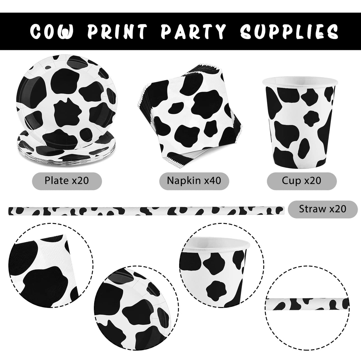 Lewtemi 100 Pcs Cow Print Party Supplies Kit, Includes Napkins, Plates, Straws for Farm Theme Birthday Parties