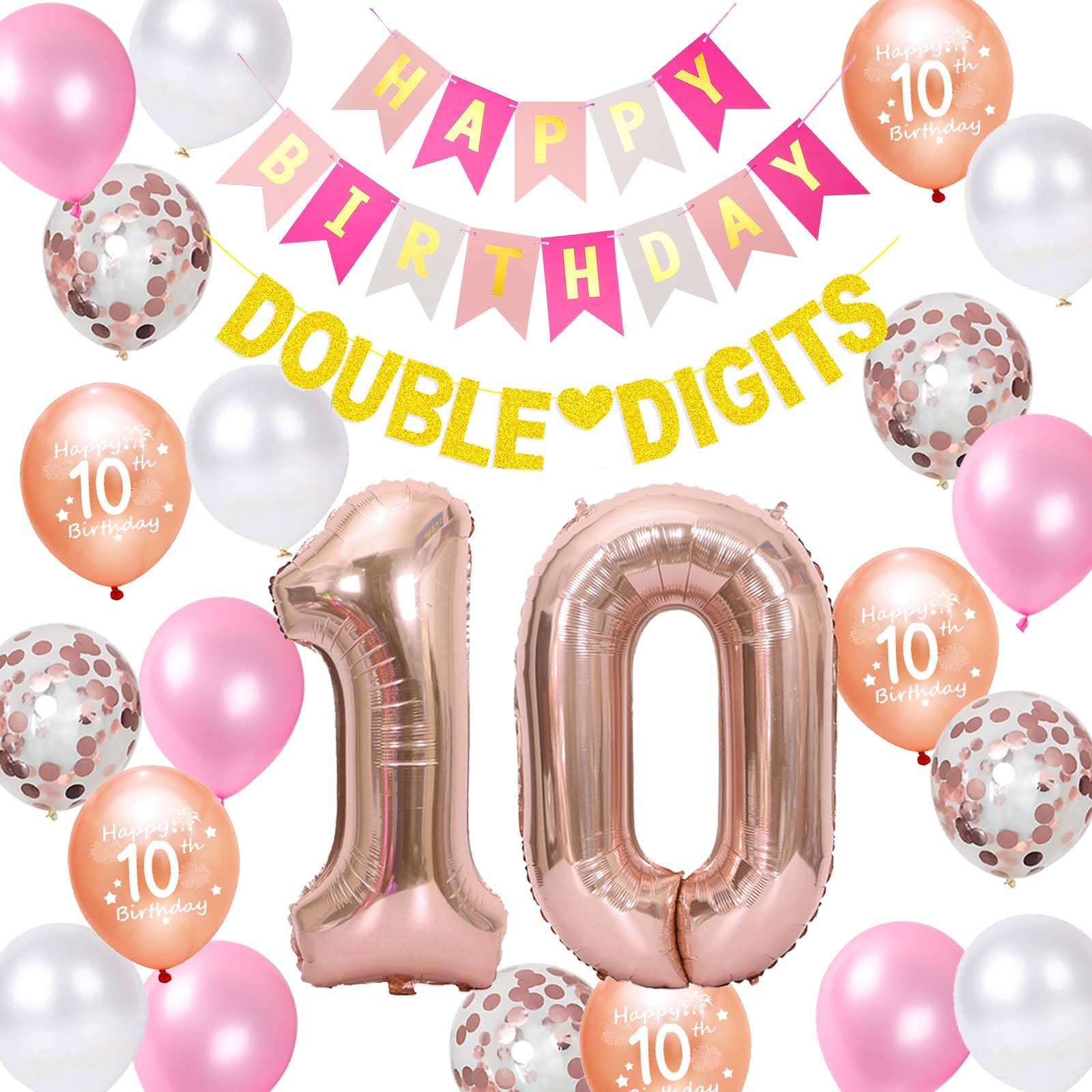 10Th Birthday Decorations For Girls, Birthday Banner Double Digits Rose Gold Glittery Banner Number 10 Balloons 10Th Confetti La