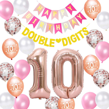 10Th Birthday Decorations For Girls, Birthday Banner Double Digits Rose Gold Glittery Banner Number 10 Balloons 10Th Confetti La