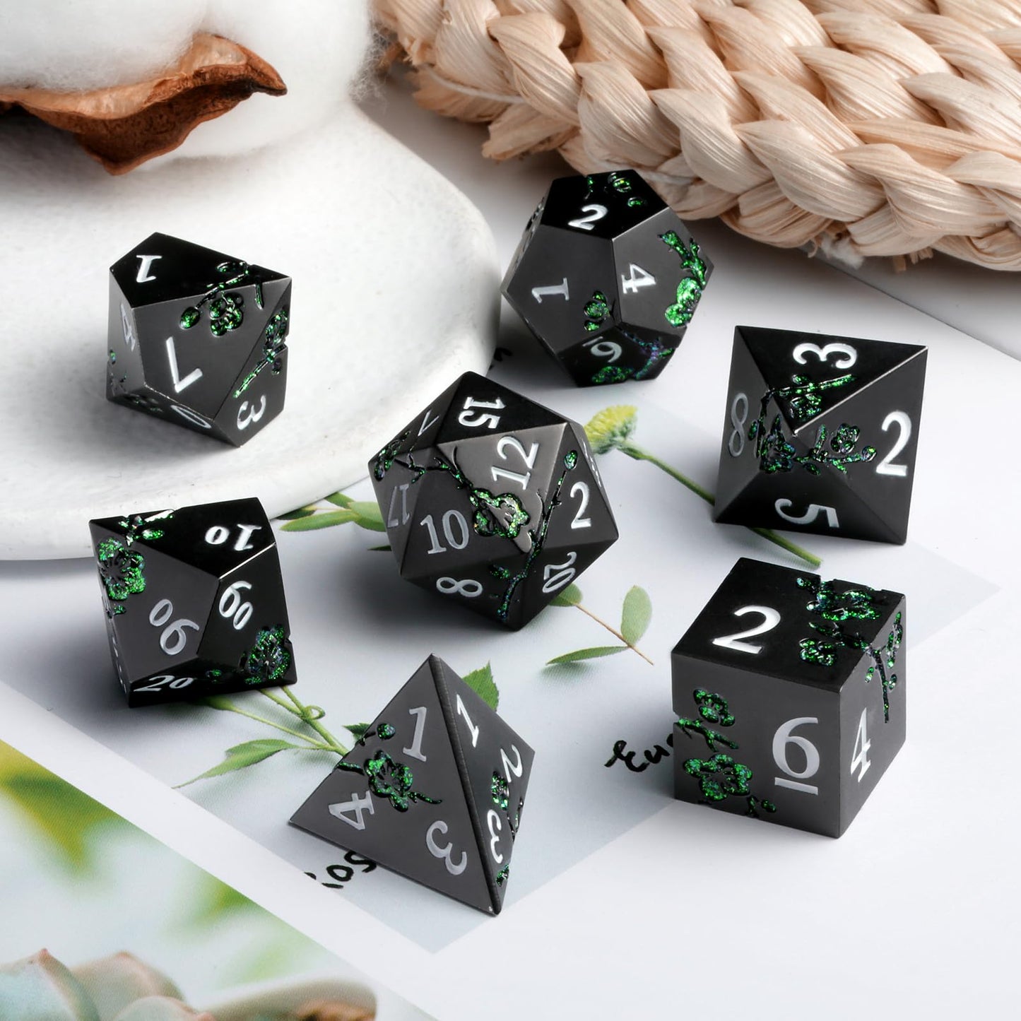 Glitter Green DND Metal Dice, DNDND 7 PCS Flower Metallic DND Dice Set with Grogeous Gift Case for Dungeons and Dragon Tabletop