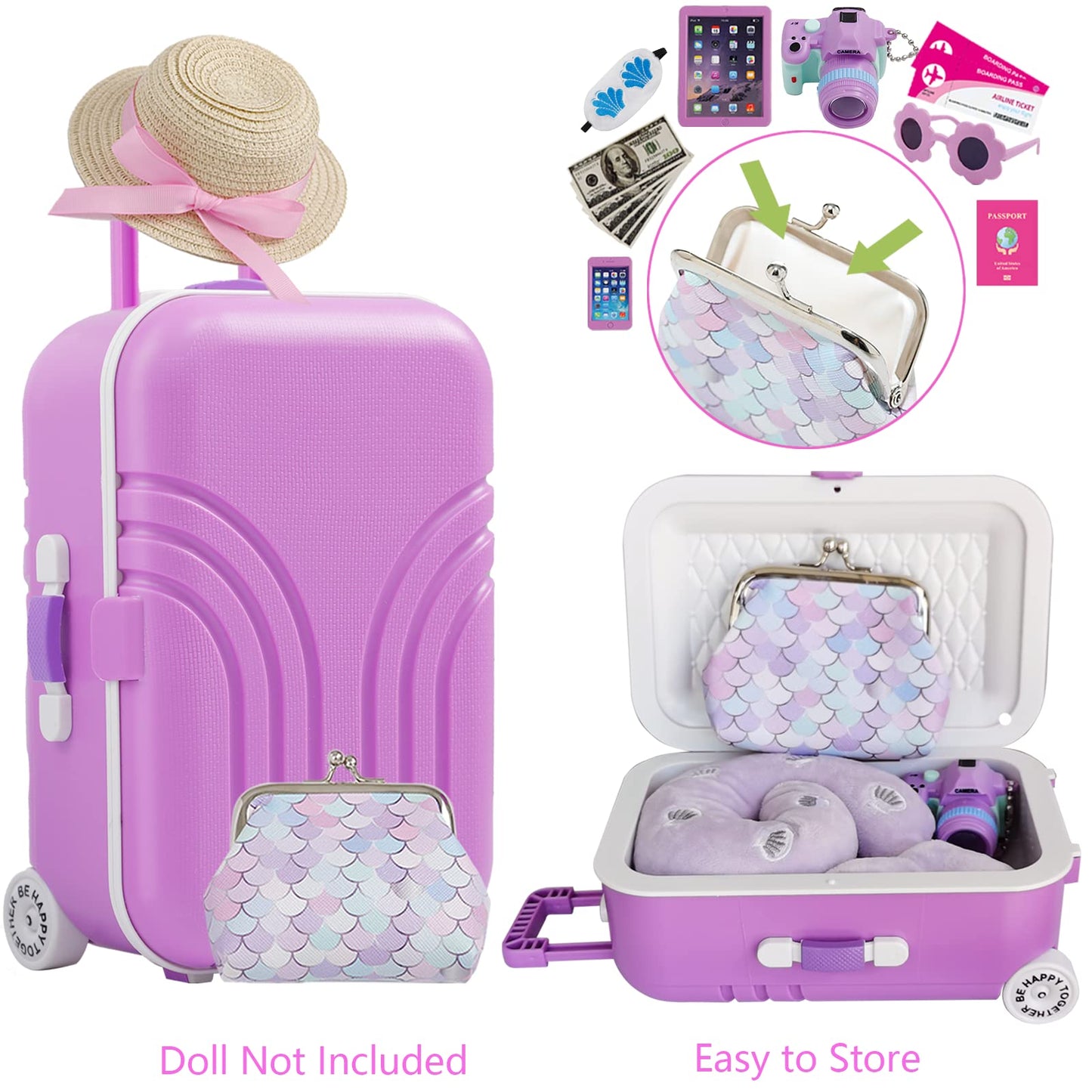 Srua Don 18 Inch Doll Suitcase Travel Luggage Play Set, 18' Doll Mermaid Theme Travel Carrier Storage Accessories For 18Inch Doll, Include Case Doll Clothes Hat Sunglasses Camera Pillow Toy Pet, Etc