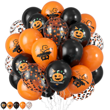 Halloween Balloons,60 Pcs 12 Inches Orange Black Balloons And Black Orange Pinted Pattern Decorative Balloons With Confetti Ball