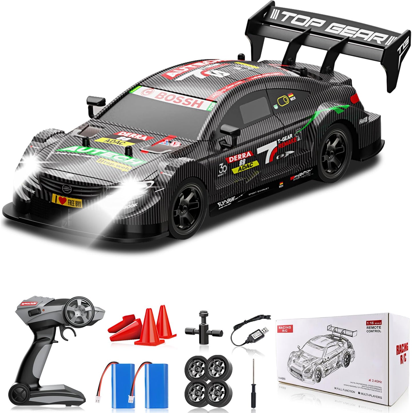 Sakeye Rcemote Control Car for Adults, 1/16 4WD 2.4GHz RC Drift Car Black RC Cars Hobby Racing Car Drift Cars with LED Light Rec