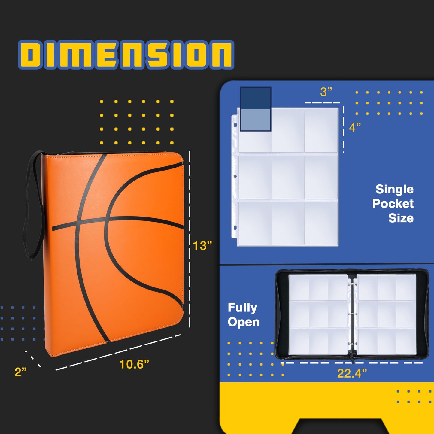 Basketball Card Binder, 9 Pocket Zipper Sports Card Binder, 720 Double Sided Pocket Waterproof Album, Basketball Cards Display H