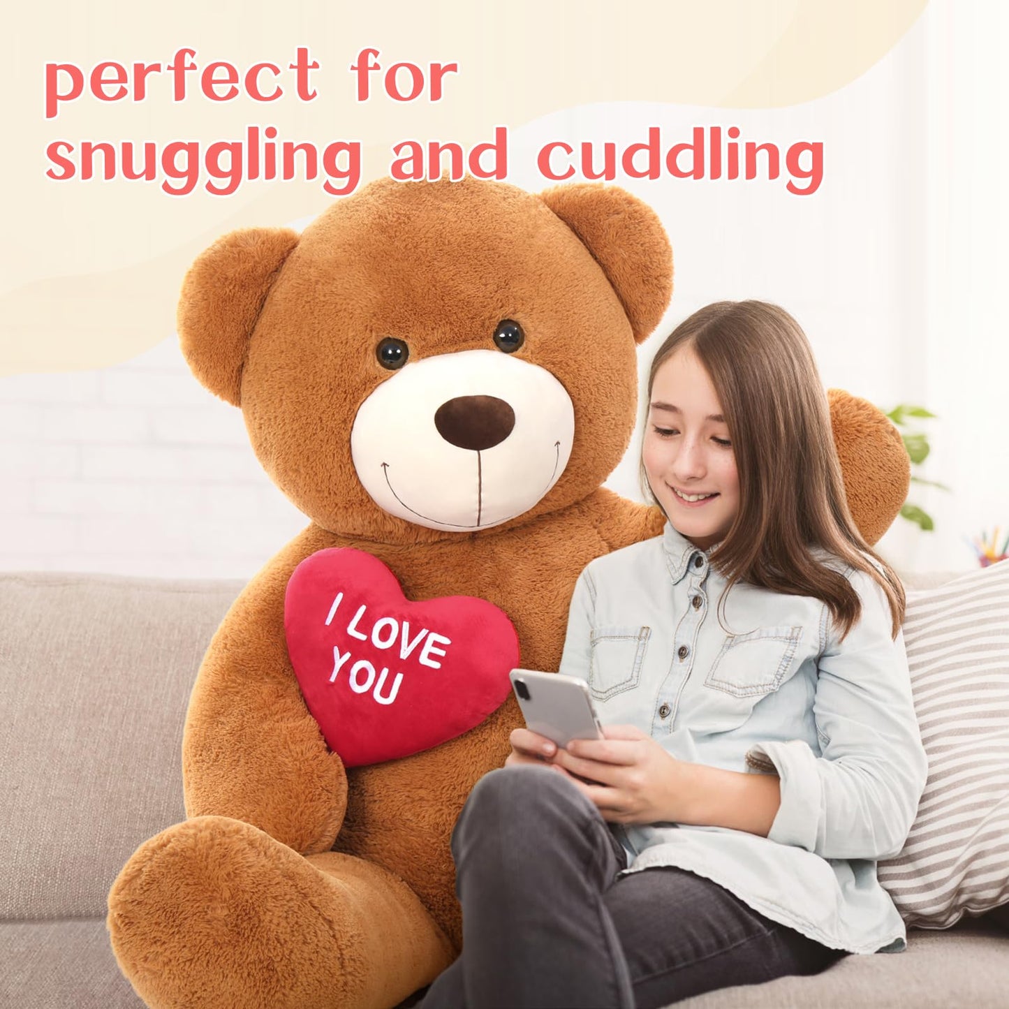 Tezituor Giant Teddy Bear Stuffed Animal 5Ft with Heart Large I Love You Bear Plush Toys for Kids Gift for Girlfriend