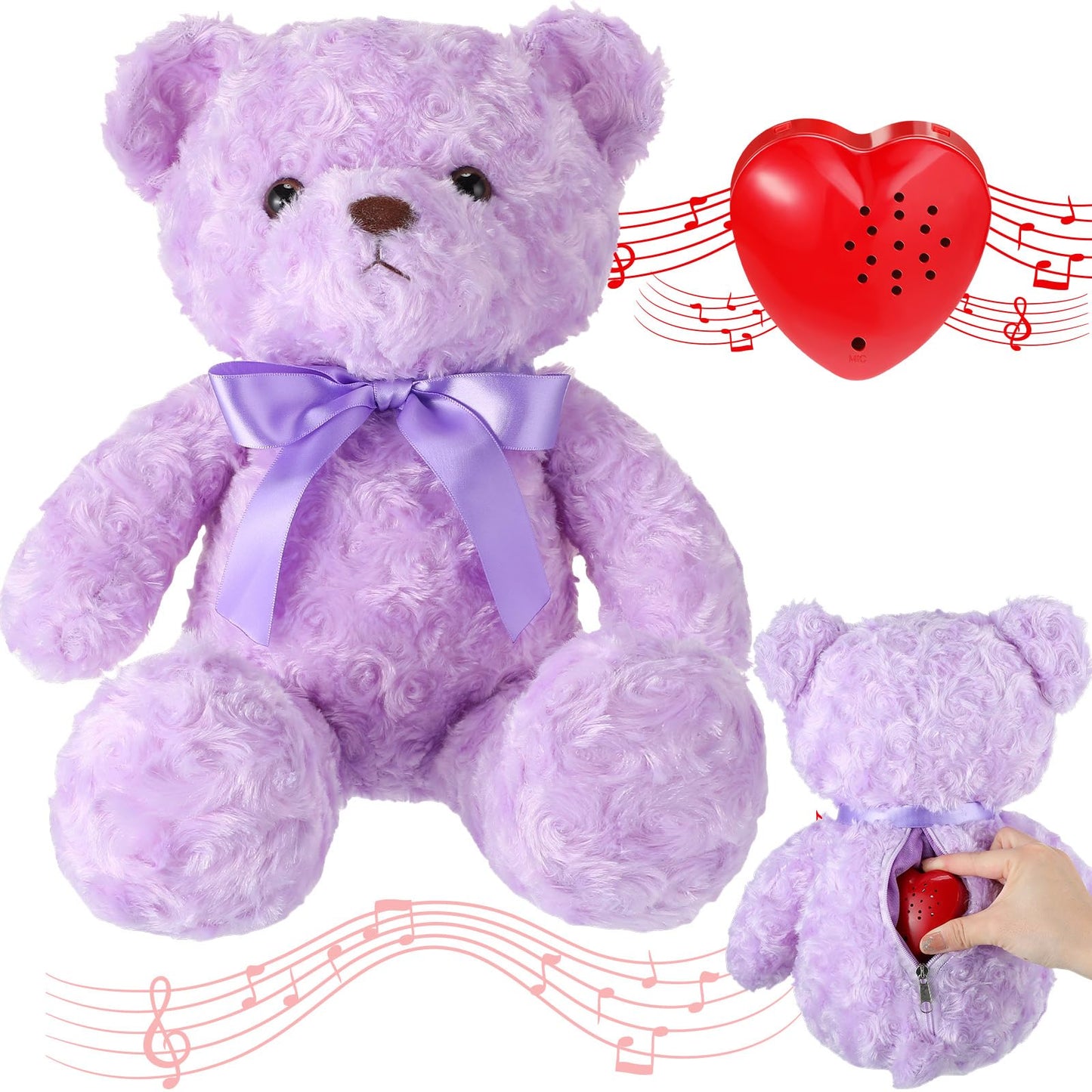 Hungdao Bear Stuffed Animals With Voice Recorder Set, 60 Seconds Voice Sound Recorder Module 16 Inch Soft Plush Bear Cute Stuffed Bear With Zipper Sound Box Recordable Heart For Boys Girls (Purple)