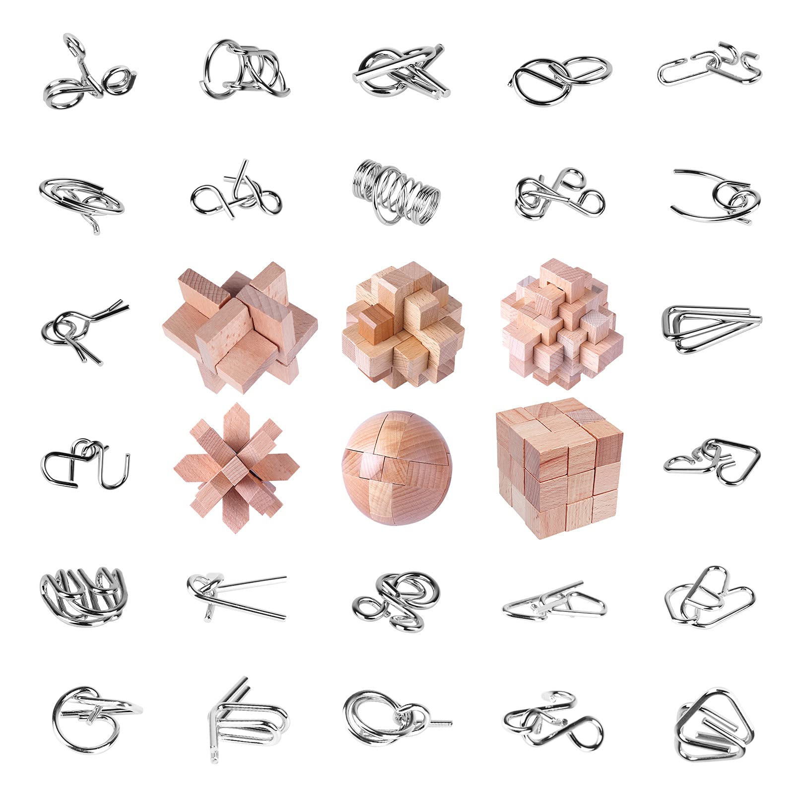 RLYLF 30Pcs Brain Teaser Puzzles for Puzzle Games Educational Toys Mind Puzzles Wooden and Metal Puzzles 3D Puzzles Unlock Interlock IQ Puzzles Box