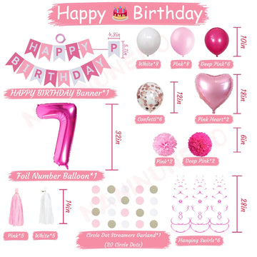 Sweet 7Th Birthday Decorations For Girls, Pink And White 7 Happy Birthday Balloons,7Th Birthday Party Supplies For Daughter Her