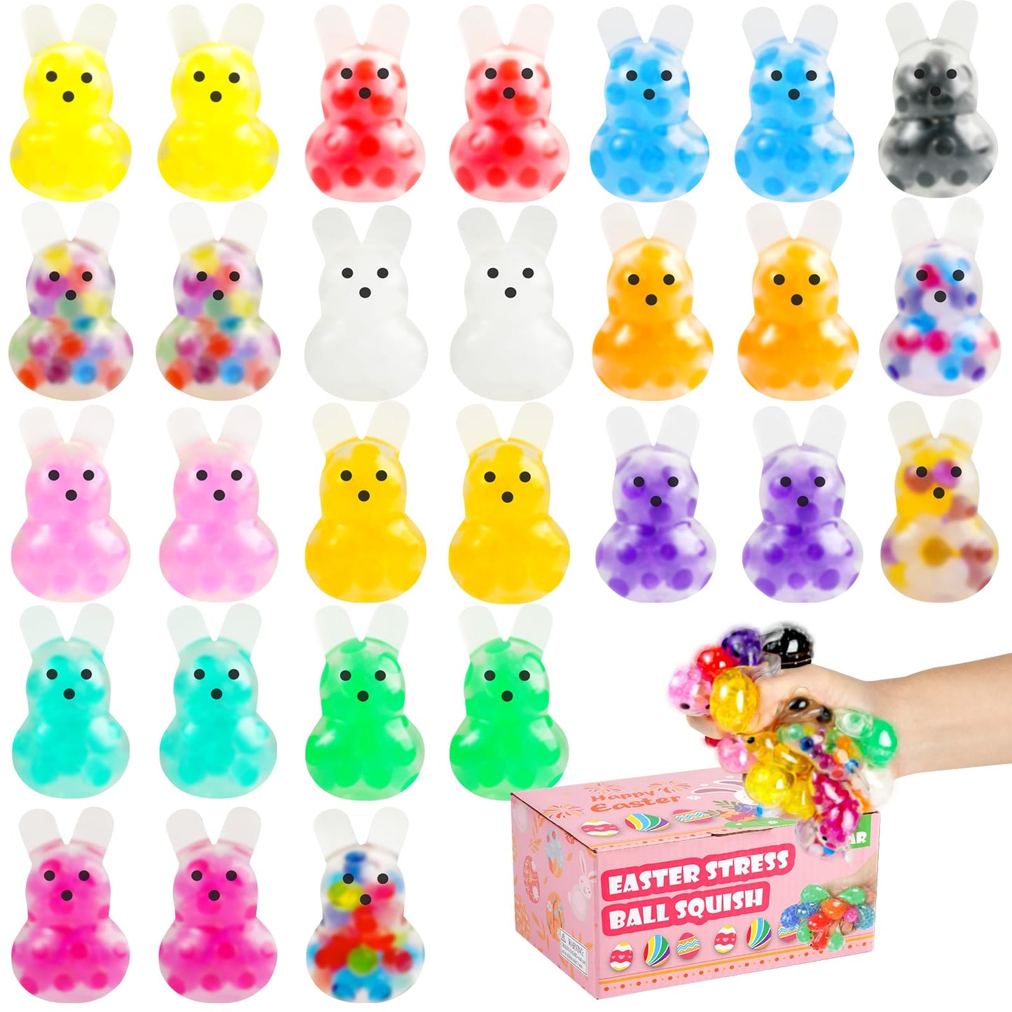 28Packs Easter Bunny Stress Balls,Easter Basket Stuffers,Easter Squishy Squeeze Balls Bulk Fidget Toys For Adults,Stress Relief 