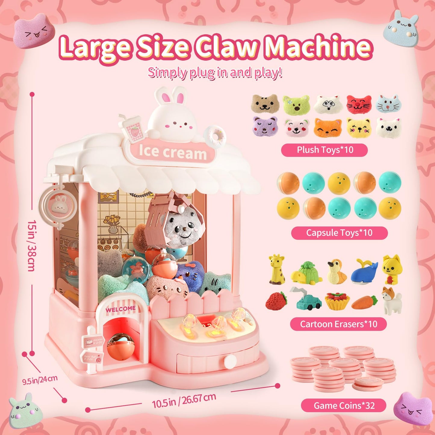 Lawnidyll Large Claw Machine For Kids & Adults, Mini Vending Machine With Fun Toys, Candy Dispenser Machine, Arcade Games Prize