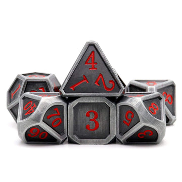 Haxtec Ancient Silver Metal DND Dice Set D&D 7PCS Large Rounded Antiue Iron RPG Dice Red Numbers for Dungeons and Dragons TTRPG