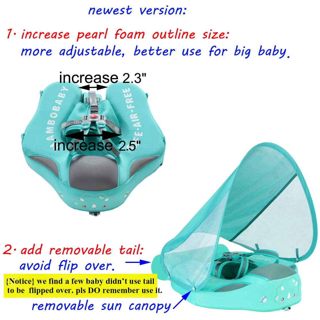 Mambobaby Non Inflatable Newest Size Improved Add Tail Avoid Flip Over Baby Pool Float With Canopy Infant Solid Swimming Float Swim Trainer